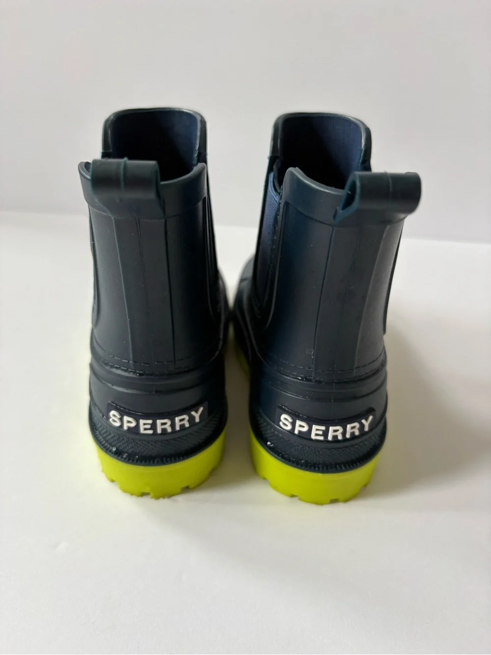 Sperry Toddler Chelsea Rain Boots Blue Lime 8 Rubber Waterproof Slip On